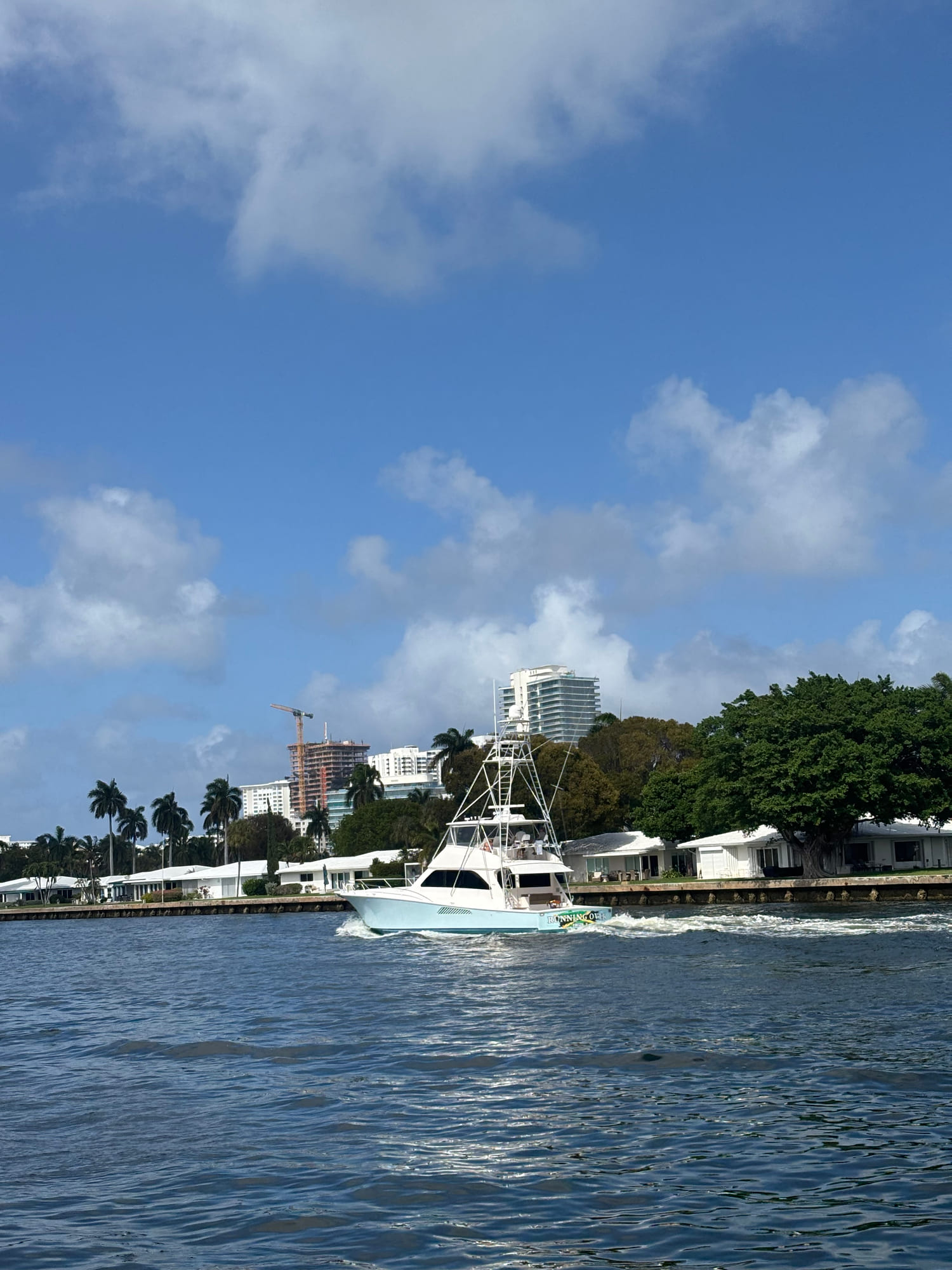 Sportfish boat with a tall tower running on the Intracoastal Waterway past waterfront homes